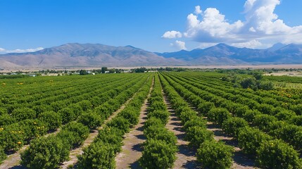 Fototapeta premium Aerial view of a vast citrus orchard with rows of trees stretching towards majestic mountains under a clear blue sky.
