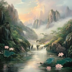 Serene landscape with waterfalls and lotus flowers.