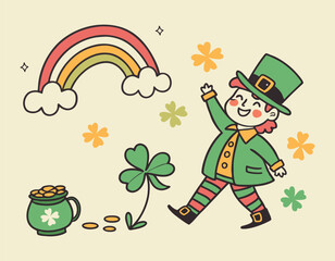 st. patrick's day leprechaun with shamrocks and rainbow
