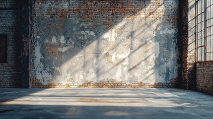 Sunlit Industrial Interior: A Rustic Brick Wall and Concrete Floor