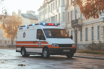 A high-speed ambulance on an urban street with emergency lights flashing, depicted in a futuristic style with augmented reality (AR) interface