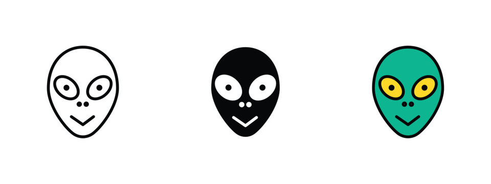 Set of 3 "Alien" icons with 1 line, 1 silhouette n 1 colored icon with an unexpanded vector icon inside - Alien icon simple extraterrestrial face with large eyes sci-fi space exploration