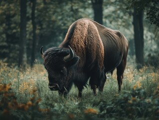 Majestic Bison Grazing in Serene Forest Habitat Scene