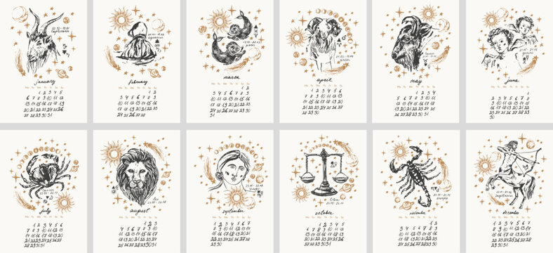Monthly calendar with hand drawn zodiac signs illustration, planets, sun, moon, stars.