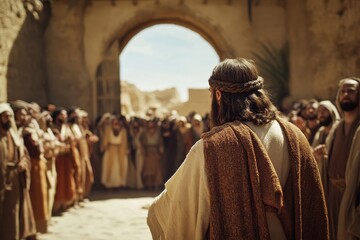 Jesus speaking to a gathered crowd near an ancient city gate under bright daylight