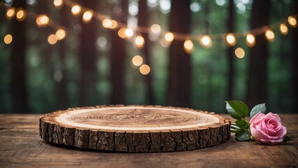 Rustic wood slice mockup surface with a pink rose and forest trees with string lights gold bokeh background