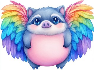 Fototapeta premium Adorable Fantasy Creature with Floral Crown and Vibrant Feathery Wings