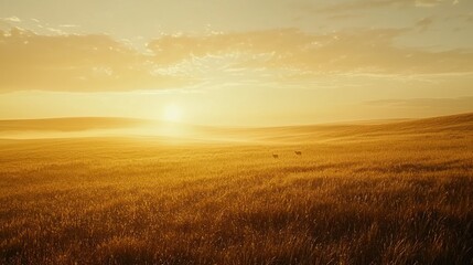 Serene sunset over a golden grassland landscape.