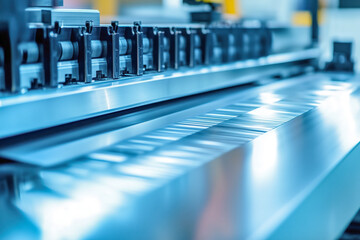 A rolling mill press machine produces a sheet of metal from a block of aluminum. Heavy metal rolling equipment. Selective focus