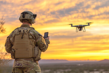 A soldier in full gear oversees drone operations against a stunning sunset backdrop, symbolizing modern warfare technology