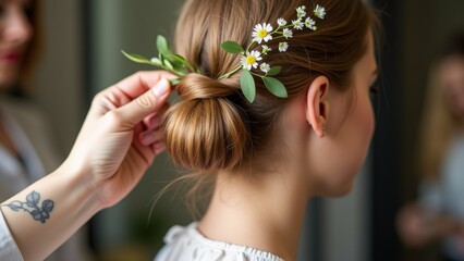 Naklejka premium The image shows a young woman with her hair pulled back into a high bun. She is wearing a white blouse and has a small flower crown on her head.