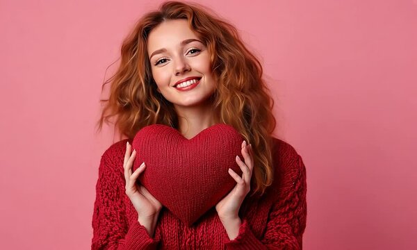 Portrait of her she nice-looking attractive lovely sweet cheerful cheery wavy-haired girl embracing large big heart 14 February life isolated over pink pastel background