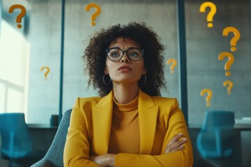 A confused businesswoman is surrounded by floating question marks, conveying indecision.