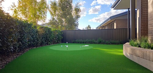 A view of a suburban home's backyard, where an artificial grass lawn is combined with a small putting green, providing an ideal practice area for golf lovers