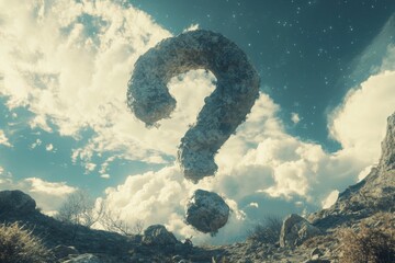 A looping animation shows a giant question mark in the sky with clouds drifting by.