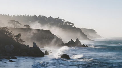 A windy coastline with sea spray misting the air