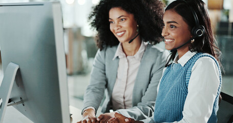 Call centre, training and manager with headset, advice and smile for help, telemarketing and...