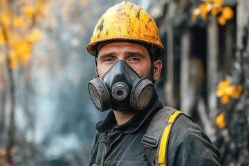 A coal miner stands prepared wearing a hard hat and a gas mask for protection in a coal mining environment.