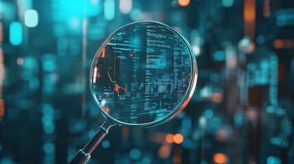 A magnifying glass reveals intricate digital data streams against a vibrant, blurred backdrop of city lights.  The image evokes a sense of technological investigation and analysis.