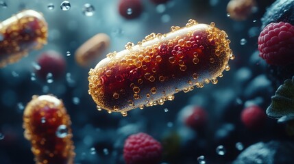 Fototapeta premium Microscopic view of a capsule filled with raspberries and bubbles, suspended in a dark blue liquid. The image evokes the essence of natural ingredients and health.