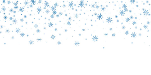 Snowflakes. Snow, snowfall. Falling scattered blue snowflakes on a white background.