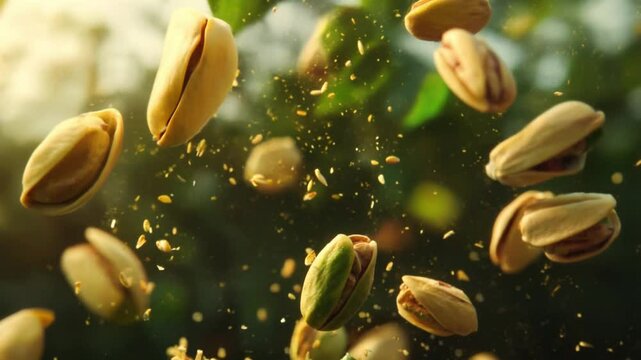 Delicious Pistachios Falling in Air  A Stunning Image of Roasted Pistachios in Mid-Air Against a Lush Green Background