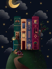 Vector flat illustration with book houses in the evening