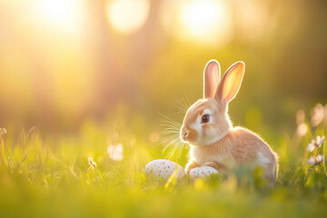 Fototapeta premium Adorable Bunny With Easter Eggs In Flowery Meadow