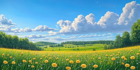 Vibrant green meadow with yellow dandelions