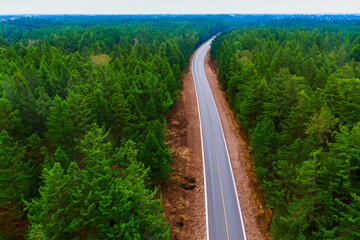 An aerial view a road in the middle of a forest. Nature and road path in the forest. View of green asphalt road with forest on top. View of the top of the road and forest with green lifestyle asphalt.