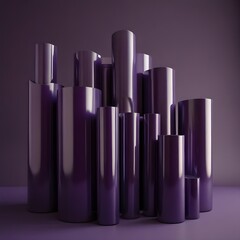 Fototapeta premium A group of purple cylinders are arranged on a purple background. The cylinders are all the same size and shape, and they appear to be made of a shiny Generative AI 