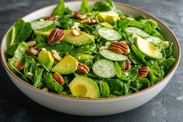 top view of salad bowl filled with fresh greens avocado and nuts representing modern healthy eating trends