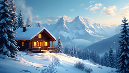 Fototapeta premium Snowy cabin with festive lights on a winter evening in the mountains