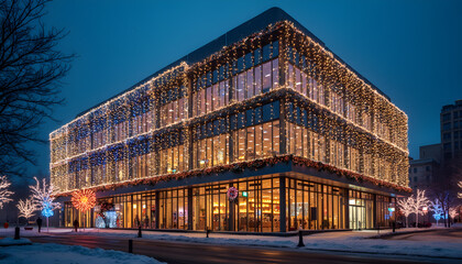 Obraz premium Festive office building adorned with lights during winter evening in an urban setting