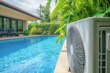 Air heat pump near pool house outdoors.