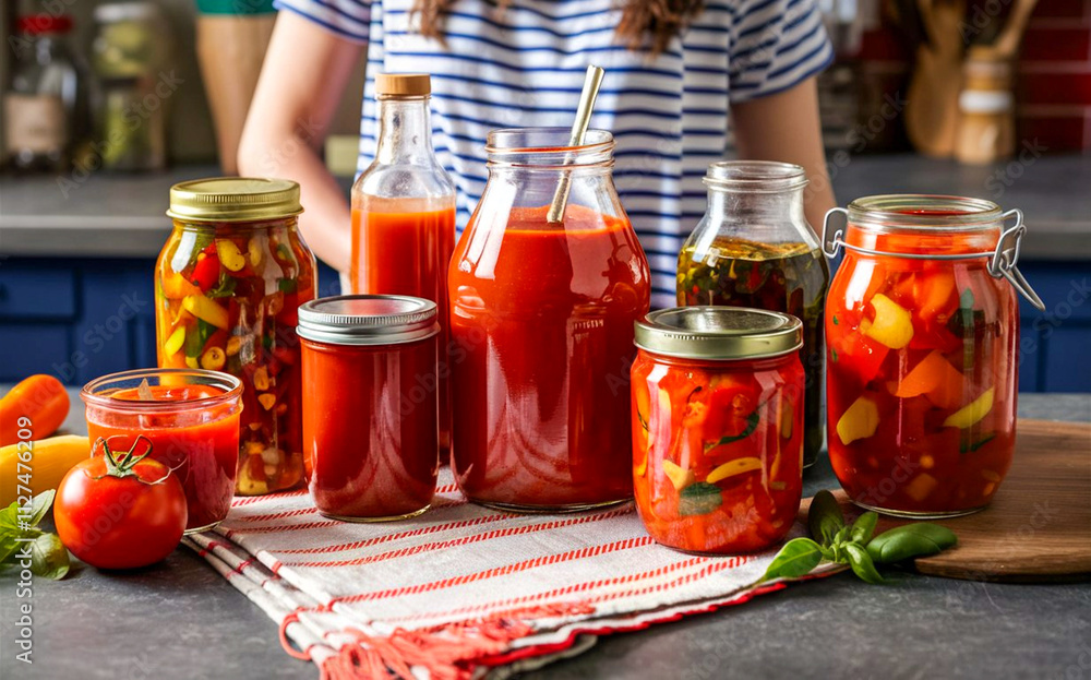 Poster on the kitchen counter are various jars filled with canned vegetables and sauces. a person is visibl
