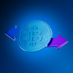 Bitcoin transaction concept highlighted with a dynamic 3D rendering, featuring a glowing blue background and directional arrows symbolizing blockchain transfers and cryptocurrency exchange