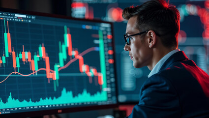 Serious business man trader analyst looking at computer monitor, investor broker analyzing indexes, financial chart trading online investment data on cryptocurrency stock market graph on pc screen