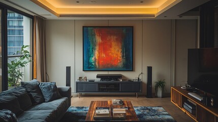 Modern living room with large abstract painting, comfortable sofa, and entertainment system.