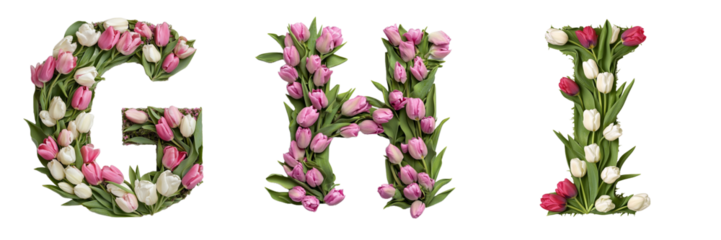 G,H,I . Tulips alphabet. Initials with floral elements.Floral letter design. Composition for card,greetings, invitation, save the date, logo, business. Transparent background PNG. 