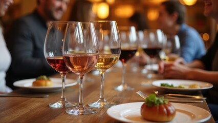 Obraz premium Dining Experience With Wine and Gourmet Dishes in a Cozy Setting at Dusk