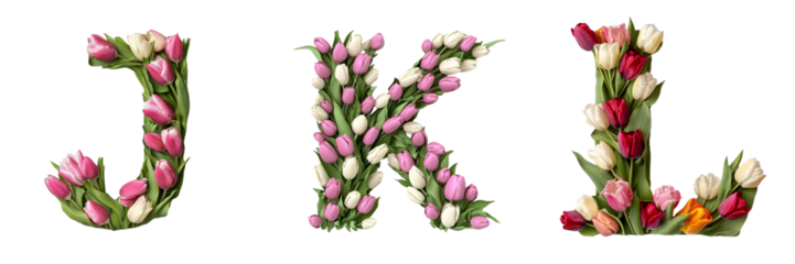 J,K,L. Tulips alphabet. Initials with floral elements.Floral letter design. Composition for card,greetings, invitation, save the date, logo, business. Transparent background PNG. 