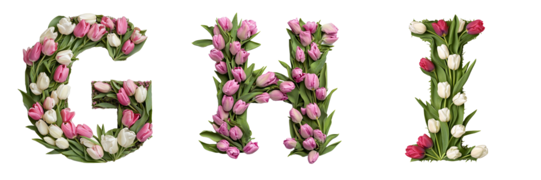 G,H,I . Tulips alphabet. Initials with floral elements.Floral letter design. Composition for card,greetings, invitation, save the date, logo, business. Transparent background PNG. - Powered by Adobe