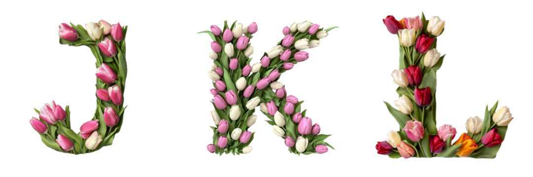 J,K,L. Tulips alphabet. Initials with floral elements.Floral letter design. Composition for card,greetings, invitation, save the date, logo, business. Transparent background PNG. 