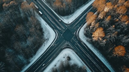 Aerial View of a Winter Intersection Surrounded by Trees and Snow