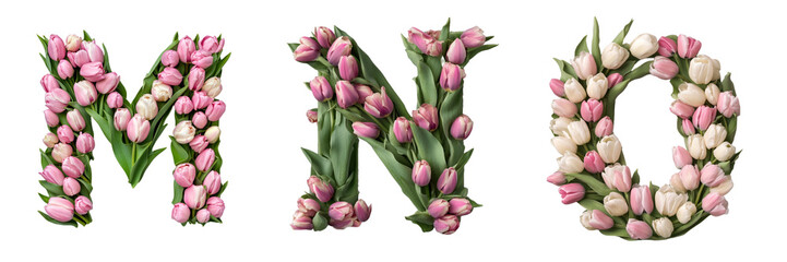 M,N, O. Tulips alphabet. Initials with floral elements.Floral letter design. Composition for card,greetings, invitation, save the date, logo, business. Transparent background PNG. 