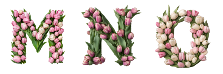 M,N, O. Tulips alphabet. Initials with floral elements.Floral letter design. Composition for card,greetings, invitation, save the date, logo, business. Transparent background PNG. 