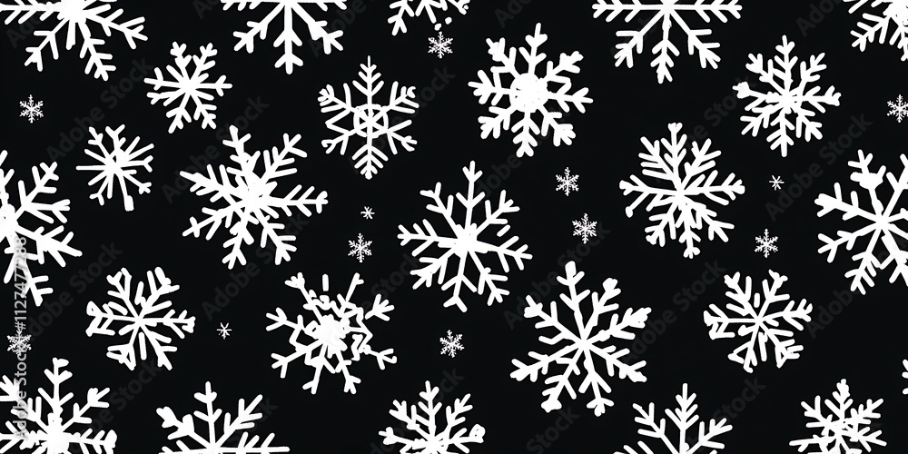 Poster a simple repeated pattern featuring snowflakes suitable for wrapping paper. black and white,