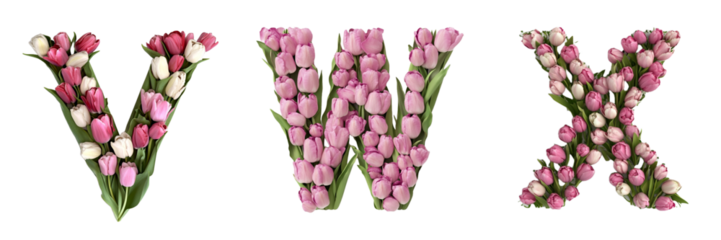 V , W, X  .. Tulips alphabet. Initials with floral elements.Floral letter design. Composition for card,greetings, invitation, save the date, logo, business. Transparent background PNG. 