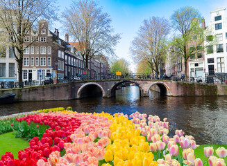Facades of old historic Houses and trees over canal water, Amsterdam, Netherlands